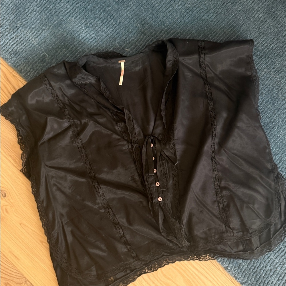 Free People Black Satin Lace-Trim Tie Front Blouse